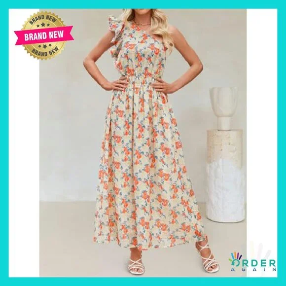 Boho Floral Maxi Dress Sleeveless One Shoulder Ruffle Elegant Beach Party - Picture 4 of 8